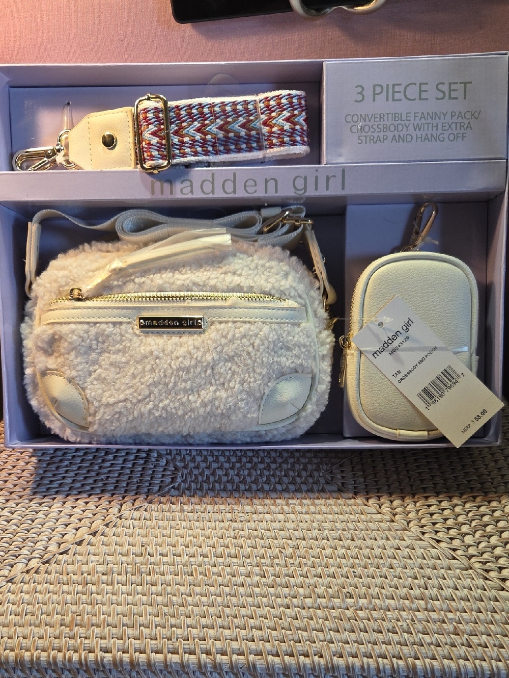Madden Girl Cream Sherpa Convertible Crossbody & Pouch Set